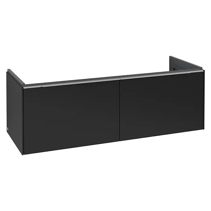 Villeroy & Boch Subway 3.0 Waschbeckenunterschrank - Volcano Black, Anzahl Schubladen: 2 Stk., Farbe Griff: Aluminium glänzend, B x T x H: 127,2 x 47,8 x 42,9 cm, Ohne Beleuchtung, Geeignet für Doppelwaschtisch - Eine moderne, schwarze Theke mit silbernen Akzenten. Ideal für stilvolle Präsentationen oder als funktionale Bar.