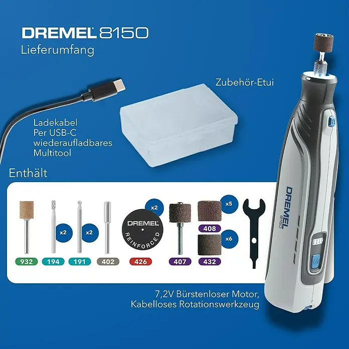 Dremel Akku-Multifunktionswerkzeug 8150-20 - 7,2 V, 1 Akku, 2 Ah - Detaillierte Aufnahme eines Dremel 8150 Multifunktionswerkzeug-Sets, das Zubehör, Ladegerät und Etui umfasst.\n