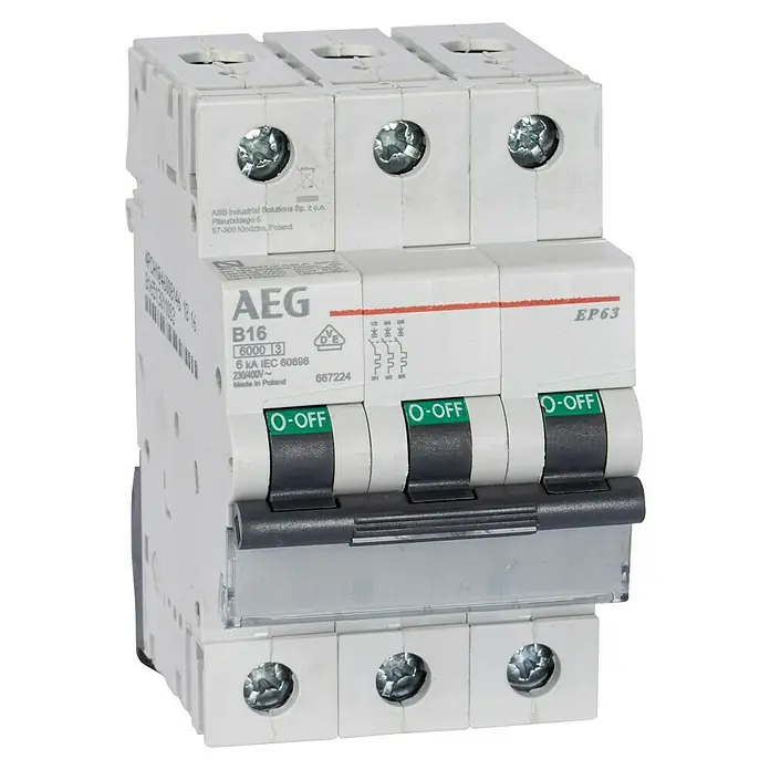 AEG Leitungsschutzschalter EN60 3P 16 A B6 kA - B, 16 A, Bemessungsfehlerstrom: 6 kA, 3 Stk. - Dreipoliger AEG EP63 B16 Leitungsschutzschalter mit 6kA Schaltvermögen, ideal für den Schutz von Stromkreisen in Wohn- und Gewerbegebäuden.