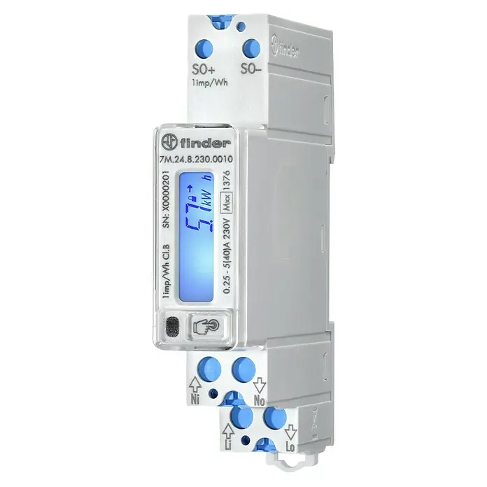 Phoenix Contact Drehstromzähler Finder 40A 1 Modul 7M2482300001 - Polanzahl: 1 Stk. - Eine Nahaufnahme eines Finder 7M.24.8.230.0010 Stromzählers, der Energieverbrauch und Verbindungspunkte anzeigt.