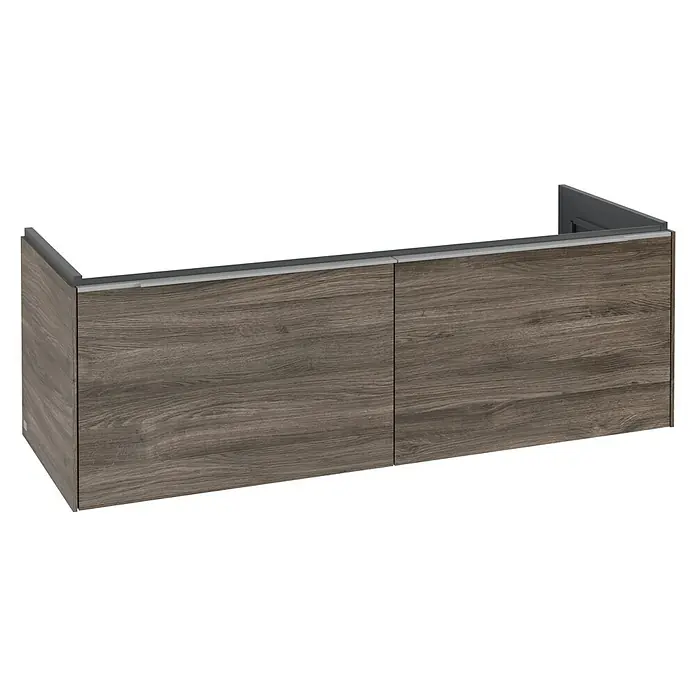 Villeroy & Boch Subway 3.0 Waschbeckenunterschrank - Stone Oak, Anzahl Schubladen: 2 Stk., Farbe Griff: Aluminium glänzend, B x T x H: 127,2 x 47,8 x 42,9 cm, Ohne Beleuchtung, Geeignet für Doppelwaschtisch - Aufnahme eines modernen Waschtischunterschranks mit zwei Holzfronten und minimalistischen Griffen in einem Badezimmer.