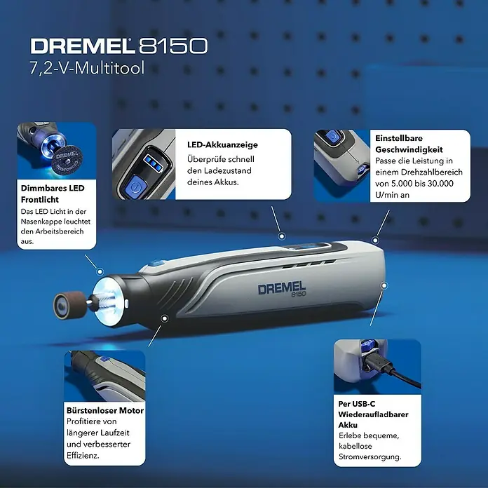 Dremel Akku-Multifunktionswerkzeug 8150-20 - 7,2 V, 1 Akku, 2 Ah - Detaillierte Ansicht des Dremel 8150 7,2-V-Multitools mit hervorgehobenen Funktionen wie LED-Frontlicht, Akkuanzeige und USB-C-Ladefunktion.
