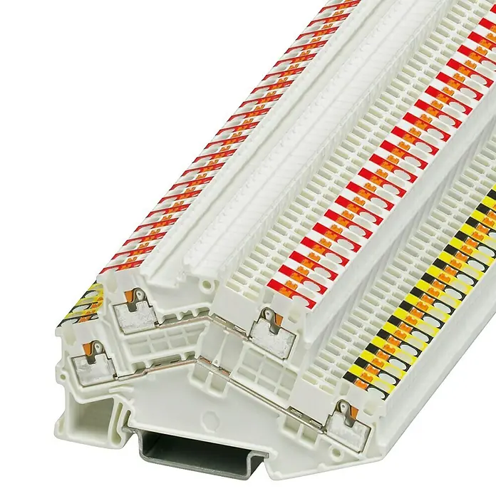 Phoenix Contact Doppelstockklemme PTTBS 1,5/S-KNX 3214663 - Weiß - Nahaufnahme von Reihenklemmenblöcken, die in elektrischen Schaltschränken und Anlagen verwendet werden. Ideal für saubere und sichere Verbindungen.