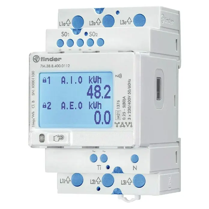 Phoenix Contact Drehstromzähler Finder 2xS0/IR/NFC/MID 7M3884000112 - Polanzahl: 3 Stk. - Nahaufnahme eines Finder 7M.38.8.400.0112 Energiezählers, der präzise Messwerte und wichtige Energieinformationen anzeigt.