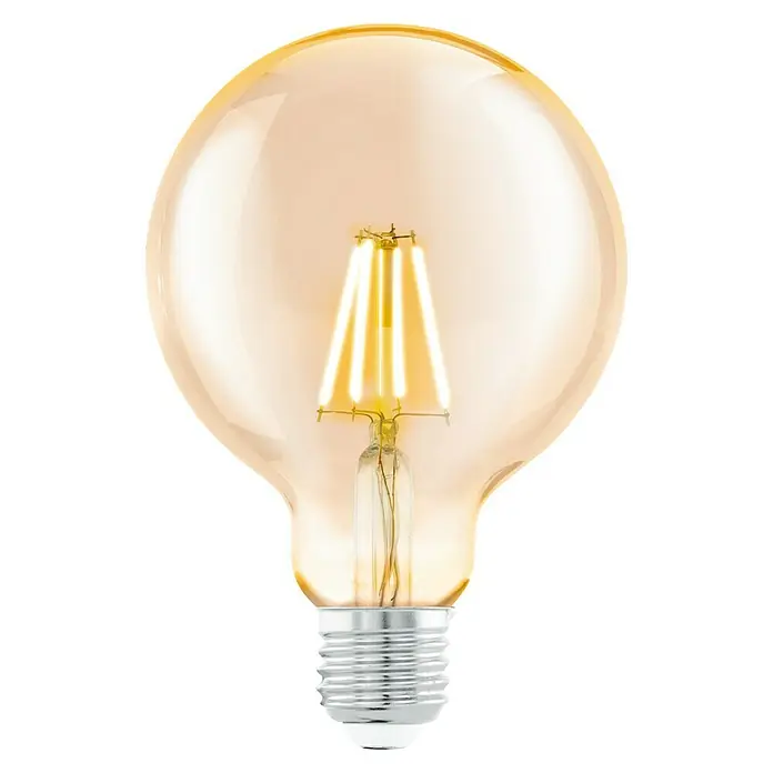 Voltolux Bombilla LED Vintage Globo - E27, No regulable, Blanco cálido, 400 lm, 4 W - Primer plano de una bombilla LED de filamento amarilla decorativa que emite una luz cálida, perfecta para crear un ambiente acogedor.