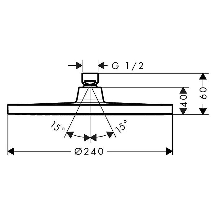 Hansgrohe Crometta Kopfbrause S 240Durchmesser: 24 cm, Anzahl Funktionen: 1 Stk., Chrom - Schemazeichnung eines Duschkopfes mit Maßangaben.