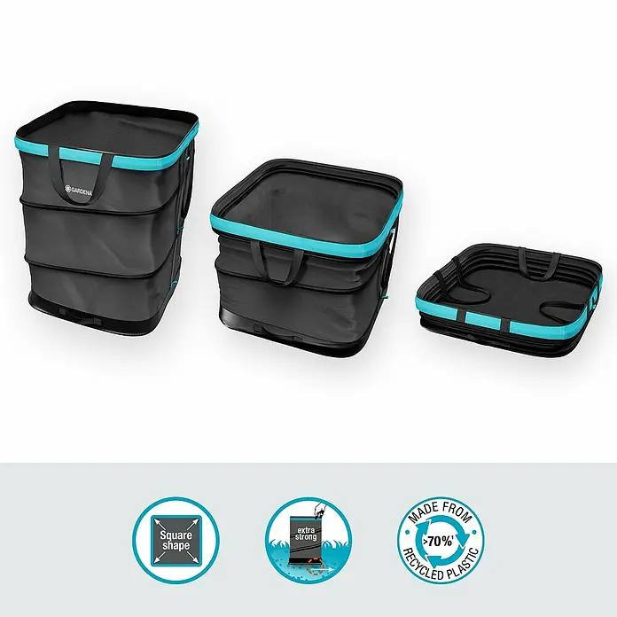 Gardena Pop-Up Gartenabfallsack Rechteck M - 127 l - Das Bild zeigt einen GARDENA Pop-Up Gartensack in drei verschiedenen Faltstufen, hergestellt aus über 70 % recyceltem Kunststoff.