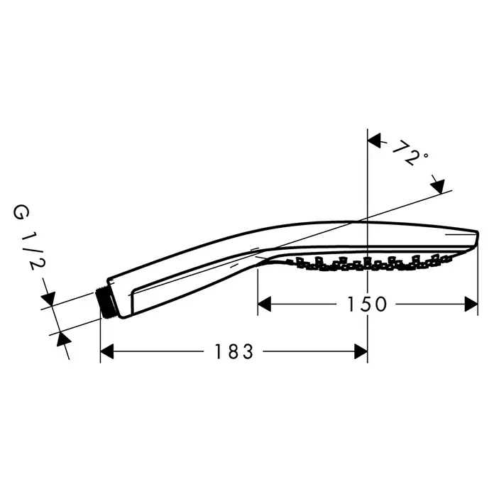 Hansgrohe Handbrause Raindance Select 150 - Anzahl Funktionen: 3 Stk., Durchmesser: 15 cm, Weiß/Chrom - Abbildung eines Duschkopfes mit Maßangaben.