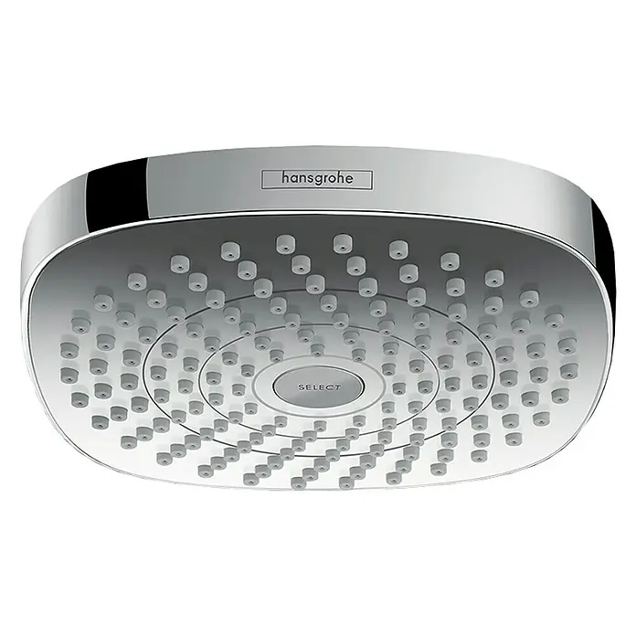 Hansgrohe Kopfbrause Croma Select E 180 - 18,7 x 18,7 cm, Anzahl Funktionen: 2 Stk., Chrom - Nahaufnahme eines modernen Hansgrohe Duschkopfs mit Chromoberfläche und "Select"-Taste.