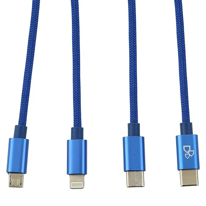 BAUHAUS Cable de carga USB - Azul, 1 m, Enchufe USB C, micro enchufe USB, enchufe para rayos - Primer plano de cuatro cables azules con diferentes conectores, que simbolizan la conectividad y la versatilidad para varios dispositivos.