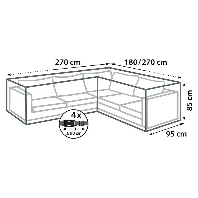 Sunfun Lounge-Set Schutzhülle - L x B x H: 270 x 95 x 85 cm, Kunststoff - Abbildung einer Sofabezug mit Maßangaben. Optimaler Schutz für Ihre Gartenmöbel.