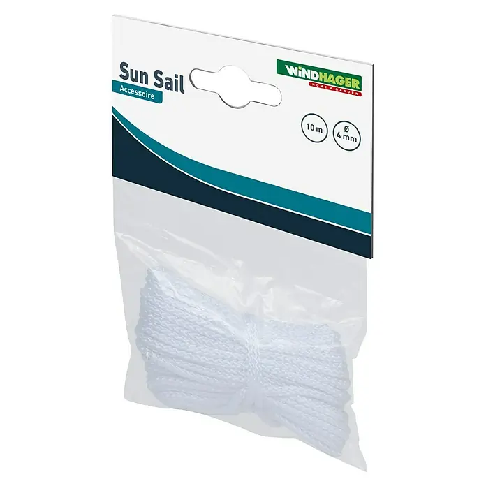 Windhager Seil - 0,4 cm x 10 m, Kunststoff, Weiß - Eine Nahaufnahme einer Windhager Sonnensegel-Befestigungsschnur, 10m lang, mit einem Durchmesser von 4mm, verpackt zur Verwendung für Sonnensegel.