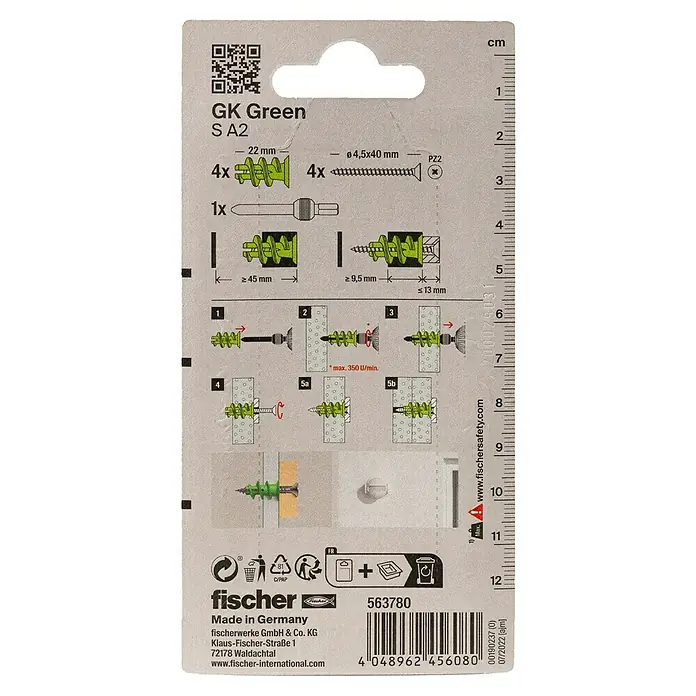Fischer Gipskartondübel GK Green S A2 K - Belastbarkeit: 8 kg, 4 Stk., Kunststoff - Verpackung der Fischer GK Green S A2 Dübel, die vier Dübel, vier Schrauben und einen Montageadapter enthält. Montageanleitung aufgedruckt.