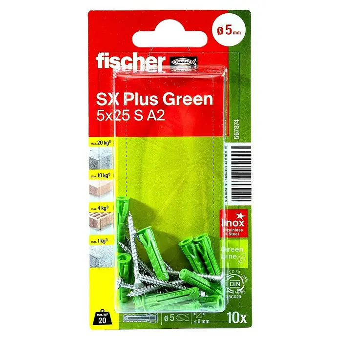Fischer Spreizdübel SX Plus Green 5 x 25 S A2 K - Ø x L: 5 x 25 mm, Kunststoff, 10 Stk., Mit Rand, PZ 2, Spanplattenschraube - Fischer SX Plus Green Dübel 5x25 S A2, 10 Stück, für sichere Befestigungen in verschiedenen Materialien, max. 20 kg Belastung.