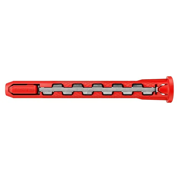 Fischer Universaldübel HybridPower 10 x 90 FUS - Ø x L: 10 x 90 mm, Metall, 10 Stk., SW 13, Sechskantschraube - Nahaufnahme eines roten fischer DuoSeal Dübels mit einer Schraube in der Mitte. Ideal für sichere Befestigungen in feuchten Umgebungen.