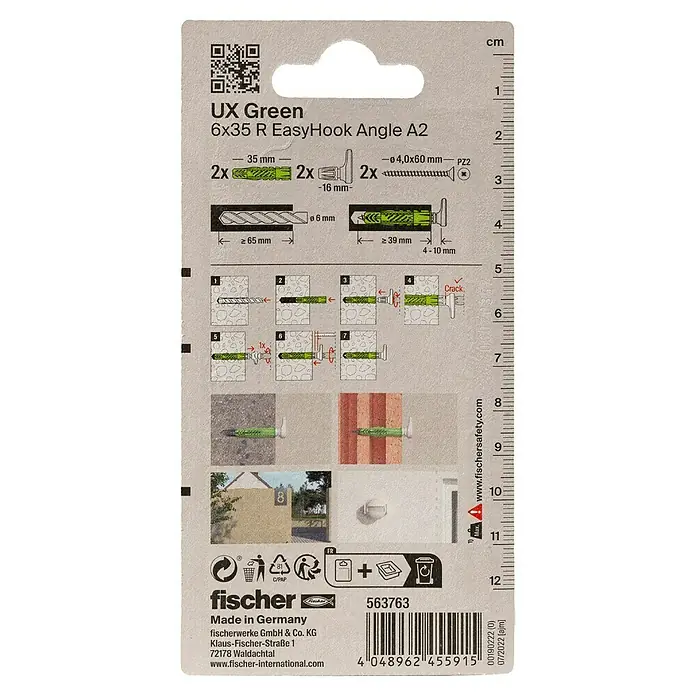 Fischer Universal-Dübel UX Green 6 x 35 R EasyHook Angle A2 K - Ø x L: 6 x 35 mm, Nylon, 2 Stk., PZ 2, Spanplattenschraube - Abbildung der Verpackung von Fischer UX Green 6x35 R EasyHook Winkel A2, einem Befestigungselement für verschiedene Materialien.