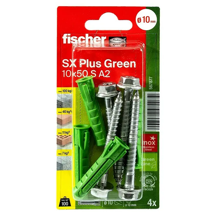 Fischer Spreizdübel SX Plus Green 10 x 50 S A2 K - Ø x L: 10 x 50 mm, Kunststoff, 4 Stk., Mit Rand, SW 13, Sechskantschraube - Nahaufnahme der Fischer SX Plus Green Dübel und Schrauben, ideal für sichere Befestigungen in verschiedenen Materialien.