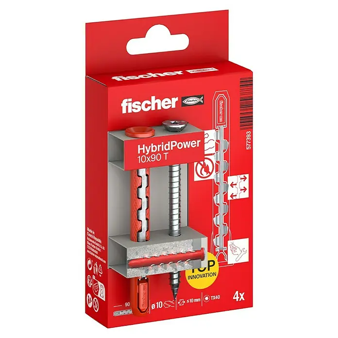 Fischer Universaldübel HybridPower 10 x 90 T K - Ø x L: 10 x 90 mm, Metall, 4 Stk., Senkkopfschraube - Eine Packung Fischer HybridPower Dübel (10x90 T) mit vier Dübeln, die für starke Befestigungen in verschiedenen Materialien geeignet sind.
