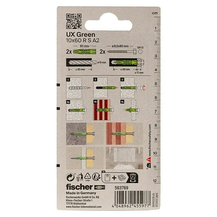 Fischer Universaldübel UX Green 10X60 R S A2 K - Ø x L: 10 x 60 mm, Nylon, 2 Stk., Mit Rand, SW 13, Spanplattenschraube - Bild der Verpackung von Fischer UX Green Dübeln, 10x60 R S A2, mit Montageanleitung und Größenangaben.