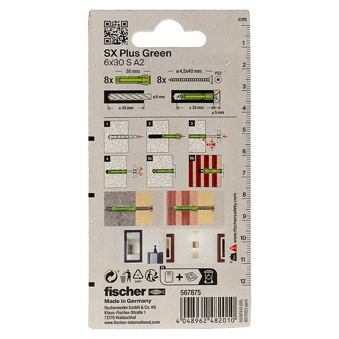 Fischer Spreizdübel SX Plus Green 6 x 30 S A2 K - Ø x L: 6 x 30 mm, Kunststoff, 8 Stk., Mit Rand, PZ 2, Spanplattenschraube - Fischer SX Plus Green Dübel 6x30 S A2 Packungsaufdruck mit Montageanleitung und technischen Daten.