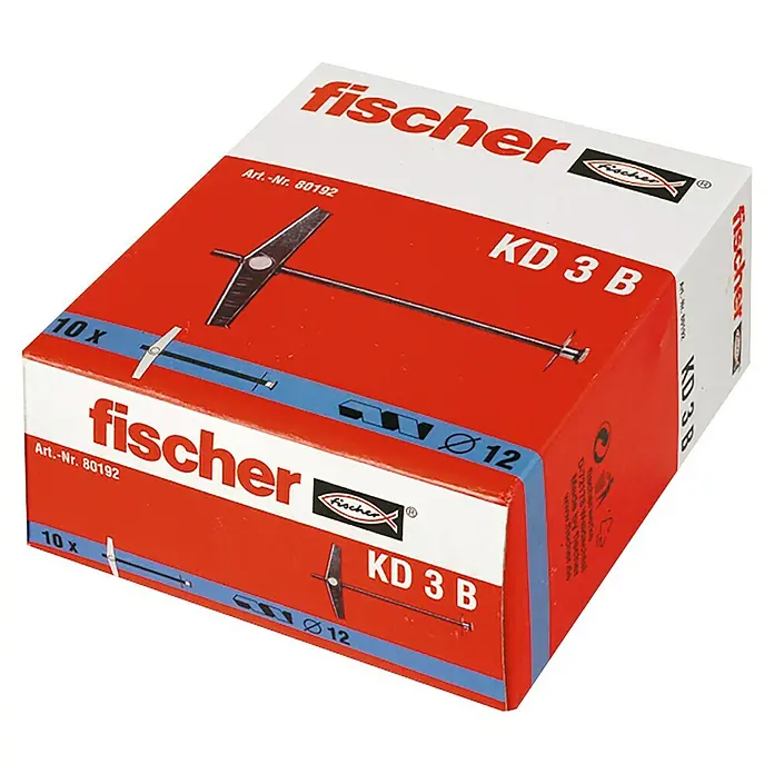 Fischer Kippdübel KD 3 B - Durchmesser Dübel: 12 mm, Länge Dübel: 95 mm, Geeignet für: Gipskartonplatten - Eine Schachtel Fischer KD 3 B Hohlraumdübel, ideal für Befestigungen in Hohlräumen.