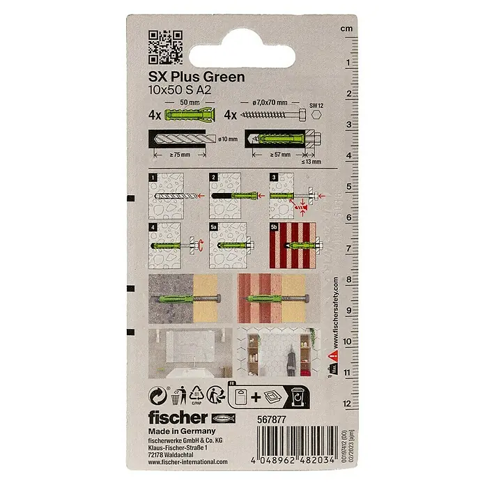 Fischer Spreizdübel SX Plus Green 10 x 50 S A2 K - Ø x L: 10 x 50 mm, Kunststoff, 4 Stk., Mit Rand, SW 13, Sechskantschraube - Abbildung einer SX Plus Green 10x50 S A2 Dübelverpackung mit Anweisungen und Spezifikationen für die korrekte Installation.