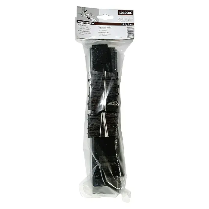 LOGOCLIC Verlege-Set - 1 x Verlegeklotz, 1 x Zugeisen, 20 x Keile - Eine Packung Logoclic Verlege-Set aus Kunststoff/PVC mit 22 Teilen, inklusive Abstandshalter und Werkzeuge für die Bodenverlegung.