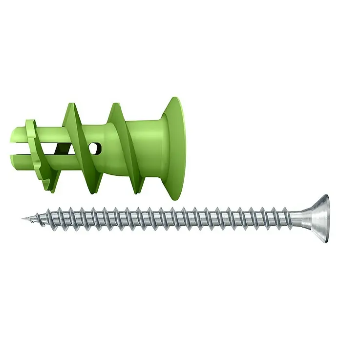 Fischer Gipskartondübel GK Green S A2 K - Belastbarkeit: 8 kg, 4 Stk., Kunststoff - Grüner Hohlraumdübel mit passender Schraube, ideal zur Befestigung an Wänden und Decken. Geeignet für Gipskarton und andere Leichtbaumaterialien.