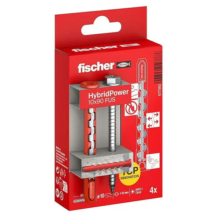 Fischer Universaldübel HybridPower 10 x 90 FUS K - Ø x L: 10 x 90 mm, Metall, 4 Stk., SW 13, Sechskantschraube - Eine Packung Fischer HybridPower Dübel 10x90 FUS, ideal für Befestigungen in verschiedenen Materialien.