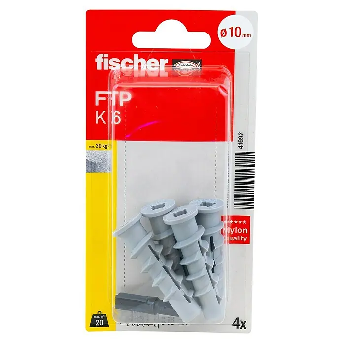 Fischer Porenbetonanker FTPK 6 K - M 6, Länge Dübel: 50 mm, 4 Stk. - Fischer FTP K6 Dübelpackung, Durchmesser 10mm, mit 4 Dübeln und einer maximalen Traglast von 20kg, ideal für Nylonbefestigungen.