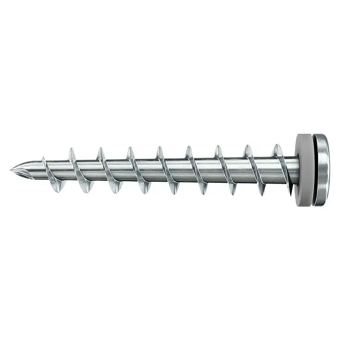 Fischer Schrauben FID-Z - 50 Stk., Geeignet für: Dämmplatten aus Polystyrol - Nahaufnahme einer verzinkten Bohrschraube mit Linsenkopf und Dichtscheibe, ideal für Metallkonstruktionen.