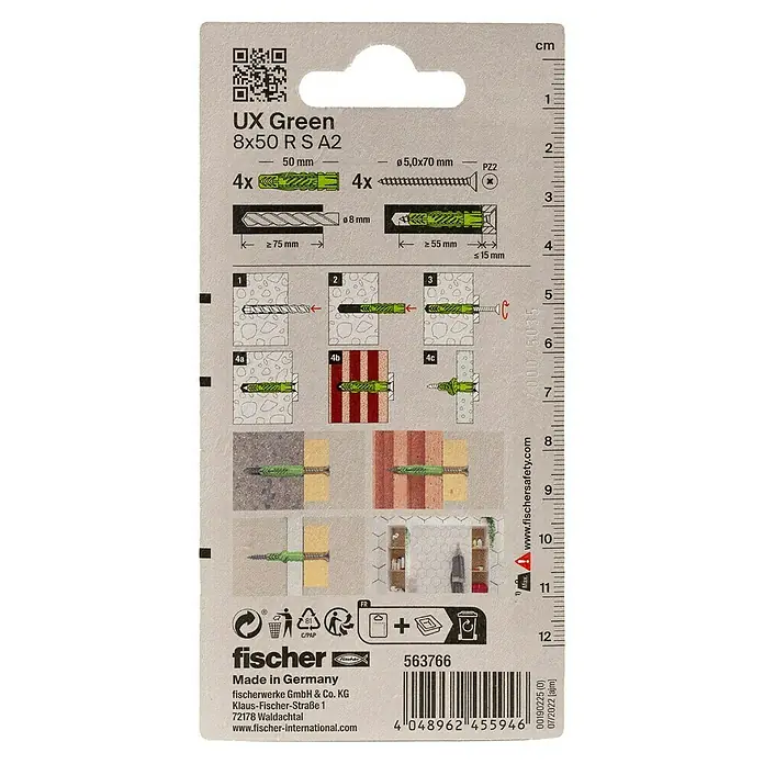 Fischer Universaldübel UX Green 8X50 R S A2K - Ø x L: 8 x 50 mm, Nylon, 4 Stk., Mit Rand, PZ 2, Spanplattenschraube - Bild eines Fischer UX Green 8x50 R S A2 Dübel-Sets, das zur Befestigung in verschiedenen Materialien geeignet ist.