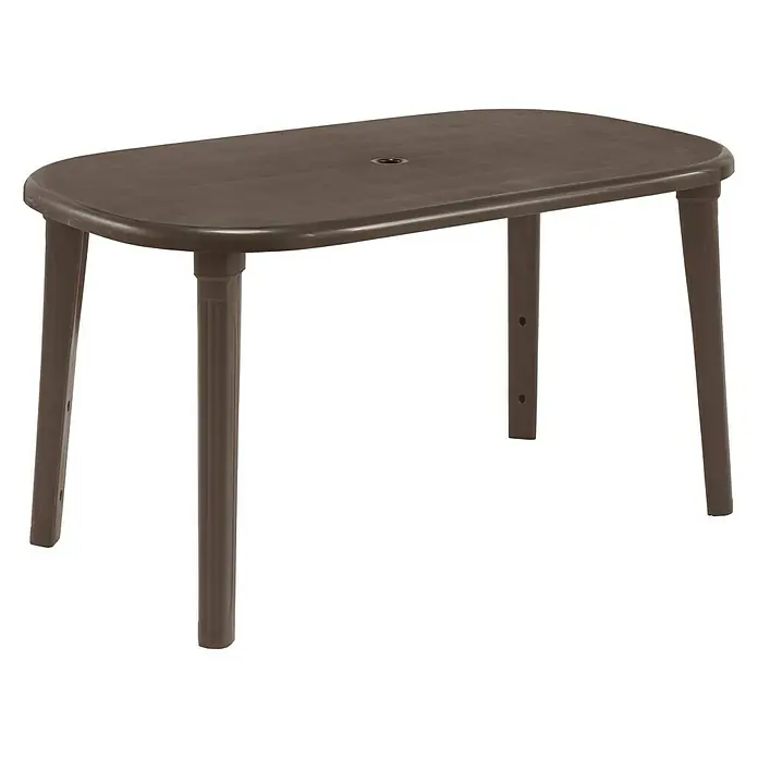 Mesa de jardín Cancún - L x An x Al: 140 x 80 x 73 cm, Marrón, Apilable - Mesa de jardín de plástico marrón ovalada con cuatro patas y un agujero en el centro del tablero para una sombrilla.
