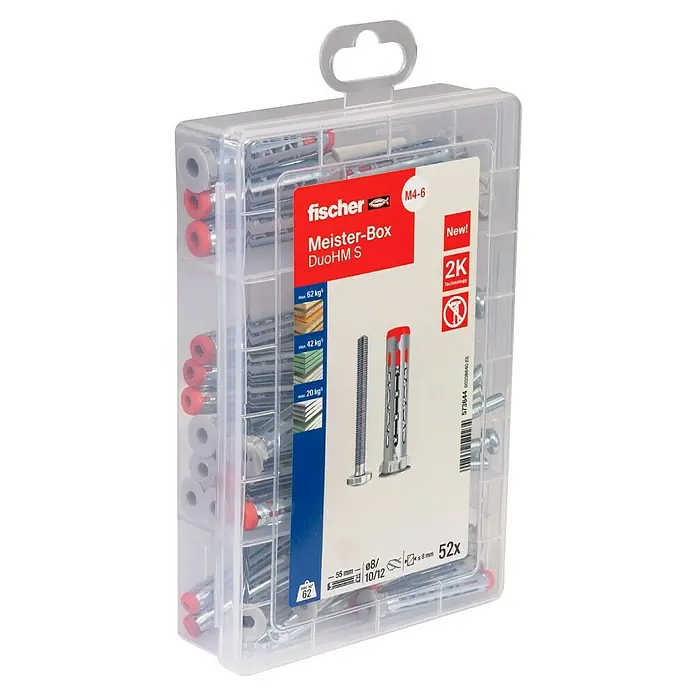 Fischer Hohlraumdübel Meisterbox DuoHM S - Silber, 52 Stk. - Eine transparente Box mit fischer Meister-Box DuoHM S Dübeln, inklusive Schrauben und einer roten Spitze, für zuverlässige Befestigungen.