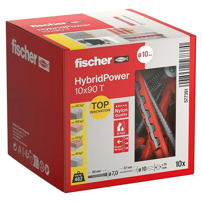 Fischer Universaldübel HybridPower 10 x 90 T - Ø x L: 10 x 90 mm, Metall, 10 Stk., Senkkopfschraube - Fischer HybridPower 10x90 T Dübelbox: Hochwertige Nylon-Dübel mit Schrauben für sichere Befestigungen in verschiedenen Baumaterialien.