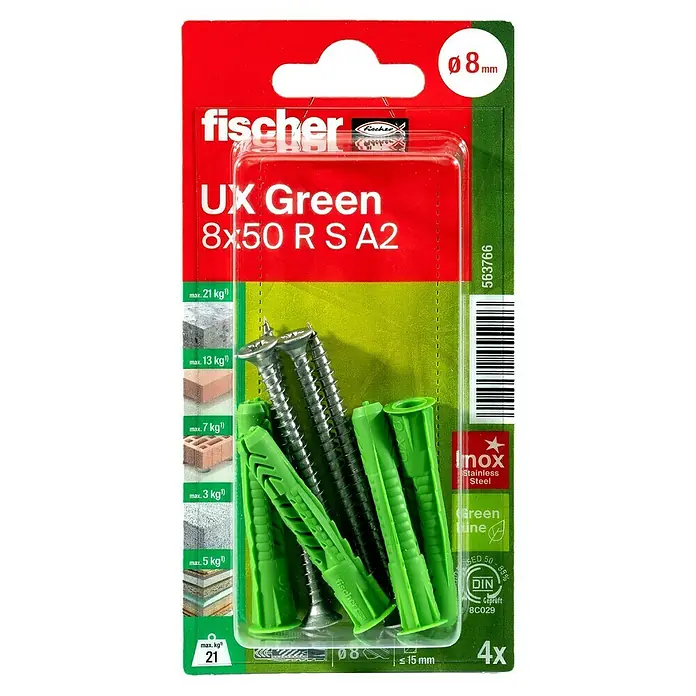 Fischer Universaldübel UX Green 8X50 R S A2K - Ø x L: 8 x 50 mm, Nylon, 4 Stk., Mit Rand, PZ 2, Spanplattenschraube - Bild einer Packung Fischer UX Green Dübel 8x50 RS A2, inklusive Schrauben. Geeignet für verschiedene Materialien, 4 Stück, Bohrlochdurchmesser 8 mm.