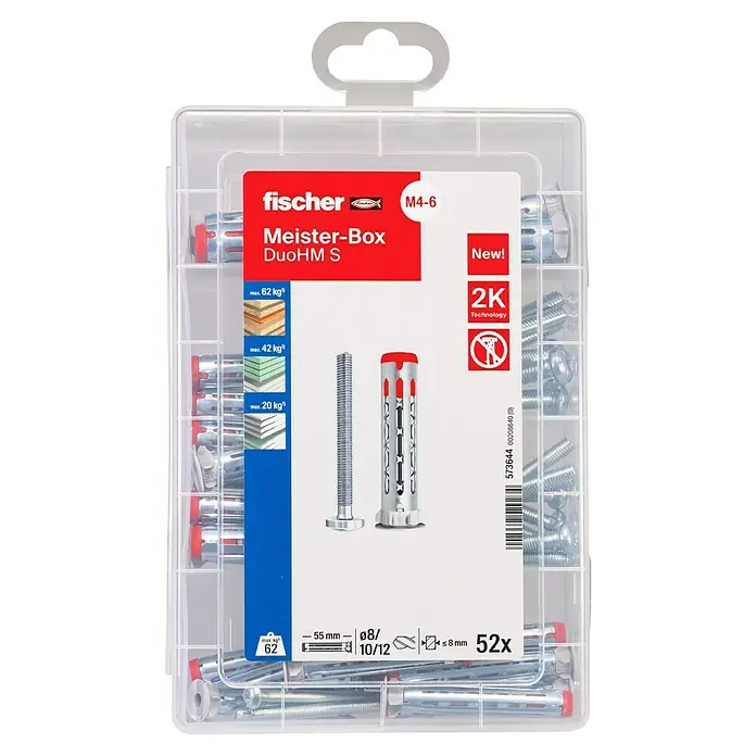 Fischer Hohlraumdübel Meisterbox DuoHM S - Silber, 52 Stk. - Fischer Meister-Box DuoHM S: Eine Box mit 52 Stück hochwertigen Metalldübeln für sichere Befestigungen in verschiedenen Materialien.