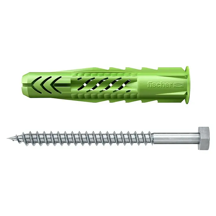 Fischer Universaldübel UX Green 10X60 R S A2 K - Ø x L: 10 x 60 mm, Nylon, 2 Stk., Mit Rand, SW 13, Spanplattenschraube - Ein grüner Fischer UX-Dübel mit einer passenden Schraube, die für sicheren Halt in verschiedenen Materialien sorgt.