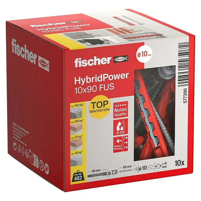 Fischer Universaldübel HybridPower 10 x 90 FUS - Ø x L: 10 x 90 mm, Metall, 10 Stk., SW 13, Sechskantschraube - Abbildung der Fischer HybridPower 10x90 FUS Dübelbox. Ideal zum sicheren Befestigen in verschiedenen Baumaterialien.