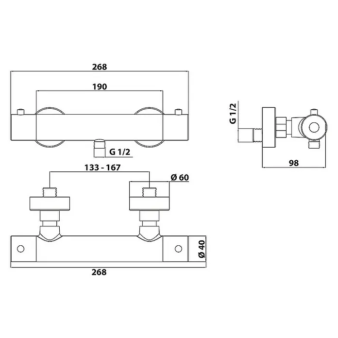 SCHÖNER WOHNEN-Kollektion Brausegarnitur Dusch-Thermostat Dicu Eco-Stop Chrom - Chrom - Technische Zeichnung eines Heizkörperanschluss-Sets mit Maßangaben für Installation und Design.