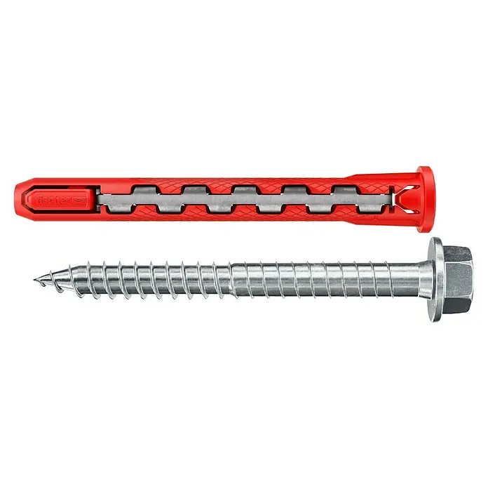 Fischer Universaldübel HybridPower 10 x 90 FUS K - Ø x L: 10 x 90 mm, Metall, 4 Stk., SW 13, Sechskantschraube - Ein roter Fischer UX mit Schraube, ideal für Befestigungen in verschiedenen Baumaterialien, robust und zuverlässig für Heimwerkerprojekte.