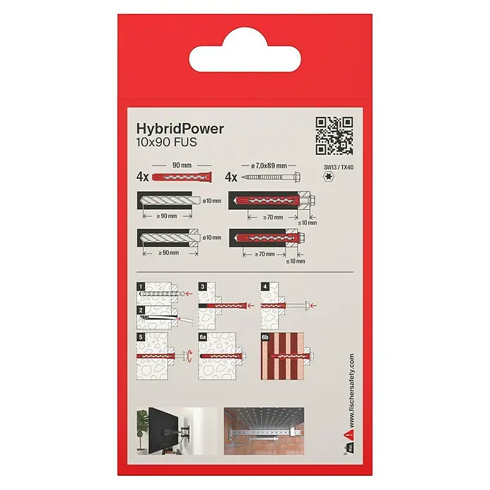 Fischer Universaldübel HybridPower 10 x 90 FUS K - Ø x L: 10 x 90 mm, Metall, 4 Stk., SW 13, Sechskantschraube - Eine Packung HybridPower 10x90 FUS Dübel, die vier Dübel und vier Schrauben enthält, zusammen mit Anweisungen zur Verwendung des Produkts.