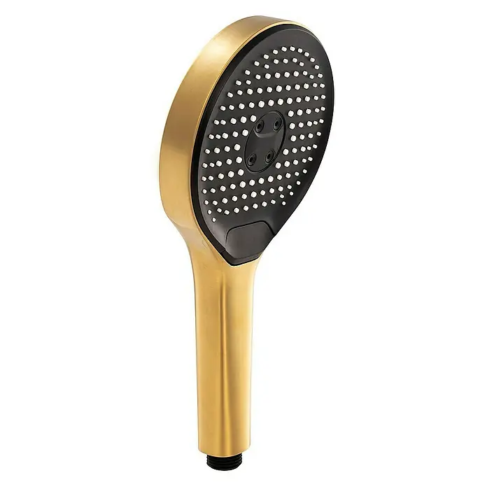 SCHÖNER WOHNEN-Kollektion Brausegarnitur Handbrause Glaia Wassersparend Mattgold - Art Strahl: Regenstrahl, Regen-Mix-Strahl und Massagestrahl, Mattgold - Goldene Handbrause mit schwarzer Sprühplatte und mehreren Düsen für ein entspannendes Duscherlebnis. Elegantes Design für jedes Badezimmer.