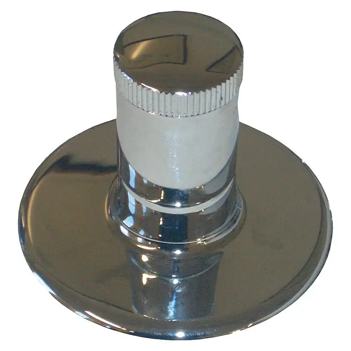 Isoltubex Mando para válvula oculto - Cromo - Primer plano de un producto cromado brillante con un botón moleteado y base redonda, ideal para accesorios de baño o herrajes de muebles.