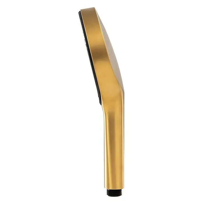 SCHÖNER WOHNEN-Kollektion Brausegarnitur Handbrause Glaia Wassersparend Mattgold - Art Strahl: Regenstrahl, Regen-Mix-Strahl und Massagestrahl, Mattgold - Nahaufnahme eines stilvollen, goldenen Handbrausekopfes mit einem modernen, eckigen Design und einem schwarzen Anschlussstück.