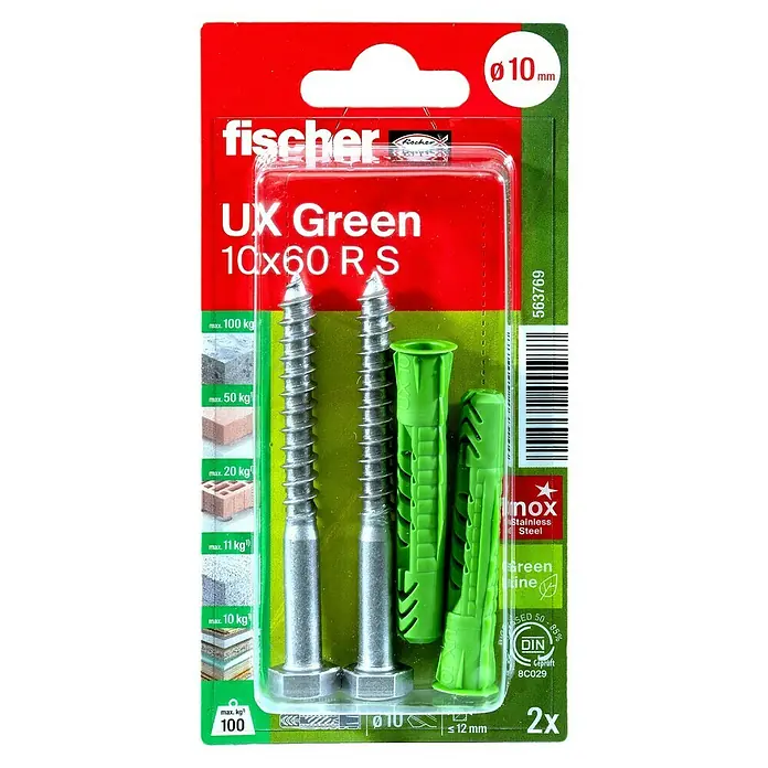 Fischer Universaldübel UX Green 10X60 R S A2 K - Ø x L: 10 x 60 mm, Nylon, 2 Stk., Mit Rand, SW 13, Spanplattenschraube - Bild einer Packung Fischer UX Green 10x60 RS Dübel und Schrauben, geeignet für verschiedene Materialien mit Belastungen bis 100 kg.