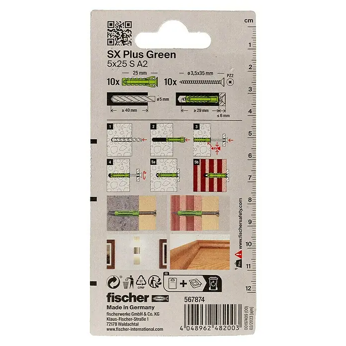 Fischer Spreizdübel SX Plus Green 5 x 25 S A2 K - Ø x L: 5 x 25 mm, Kunststoff, 10 Stk., Mit Rand, PZ 2, Spanplattenschraube - Bild einer fischer SX Plus Green Dübelverpackung.