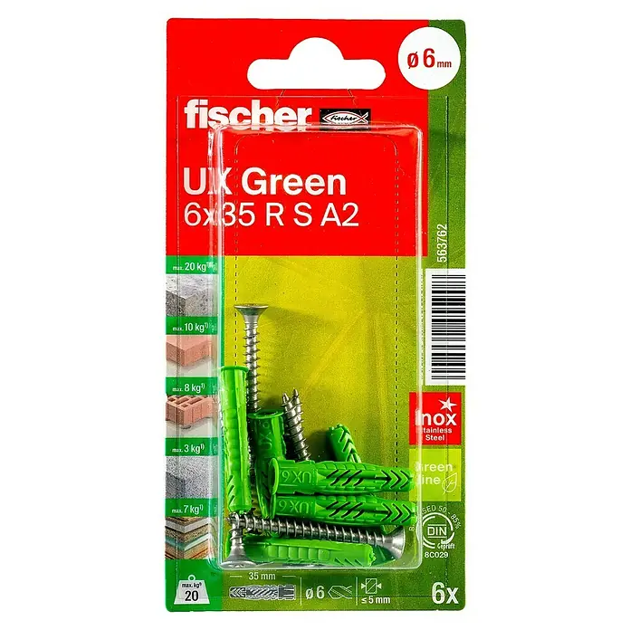Fischer Universaldübel UX Green 6X35 R S A2K - Ø x L: 6 x 35 mm, Nylon, 6 Stk., Mit Rand, PZ 2, Spanplattenschraube - Das Bild zeigt eine Packung Fischer UX Green Dübel 6x35 RS A2, inklusive Schrauben, für sichere Befestigungen.