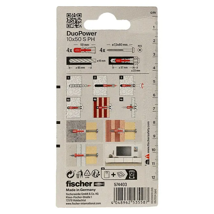Fischer Duopower Universaldübel 10 x 50 S PH K - Ø x L: 10 x 50 mm, Nylon, 4 Stk., Mit Rand - DuoPower 10x50 S PH Dübelverpackung mit detaillierter Montageanleitung und Schrauben für verschiedene Wandtypen.