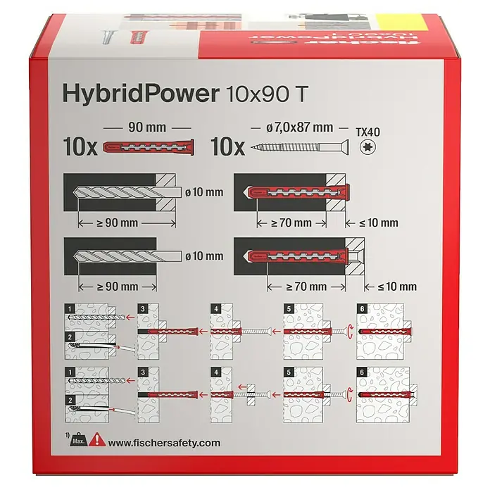 Fischer Universaldübel HybridPower 10 x 90 T - Ø x L: 10 x 90 mm, Metall, 10 Stk., Senkkopfschraube - fischer HybridPower 10x90 T Dübelbox mit detaillierter Anleitung für sichere Befestigungen in verschiedenen Materialien.
